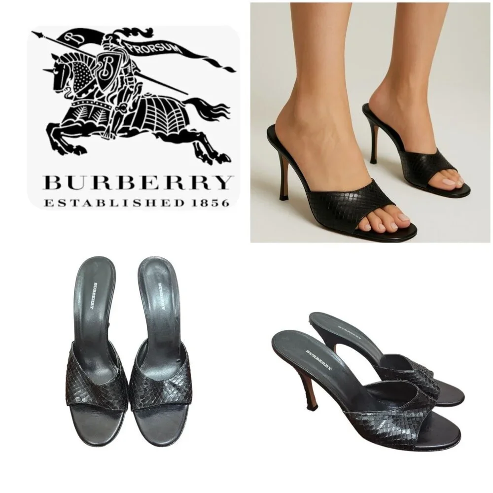 Burberry Black Snakeskin High Heel Sandals Size EU 39.5/US 9 Designer Open To - Picture 14 of 14